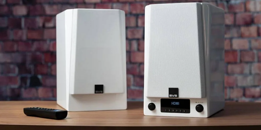 Paire d'enceintes actives SVS Prime Wireless Pro blanches laquées avec télécommande sur une table en bois