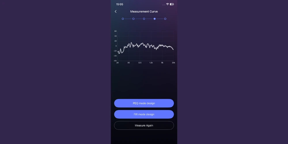 Courbe de mesure de 20 Hz à 20 kHz dans l'application Eversolo T10, avec choix des modes PEQ et FIR
