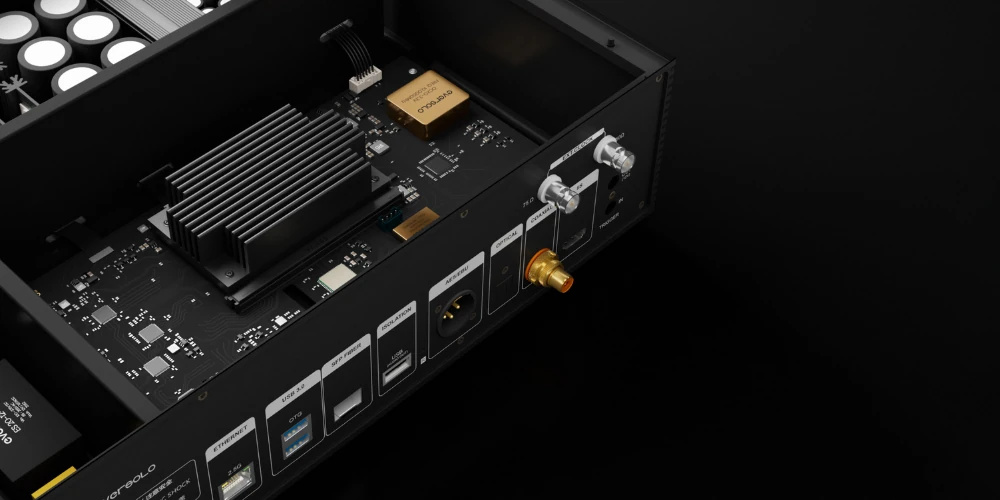 Vue détaillée de l'intérieur de l'Eversolo T10 : dissipateur, module d'horloge doré et connectique arrière