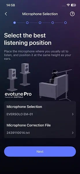 Mesure de calibration acoustique evotune Pro avec microphone sur un Eversolo