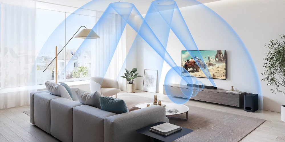 Salon lumineux avec la Sony BRAVIA Theatre Bar 6 diffusant un son immersif projeté vers le plafond
