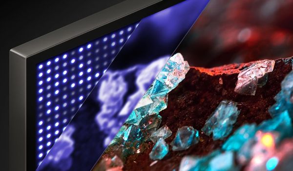 Vue en coupe d'un écran de téléviseur révélant les zones de rétroéclairage Mini LED derrière la dalle