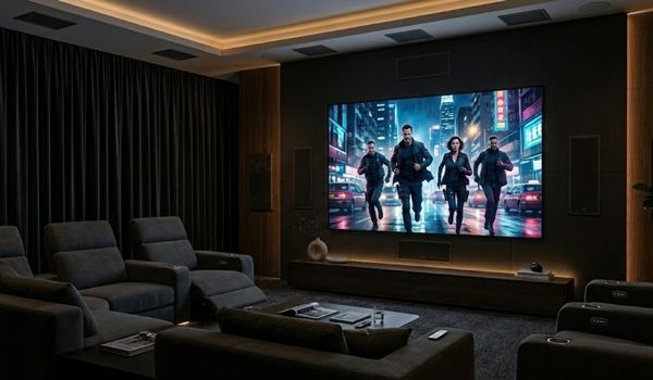 Salle home cinéma dédiée avec fauteuils et grand écran diffusant un film d'action en ambiance tamisée