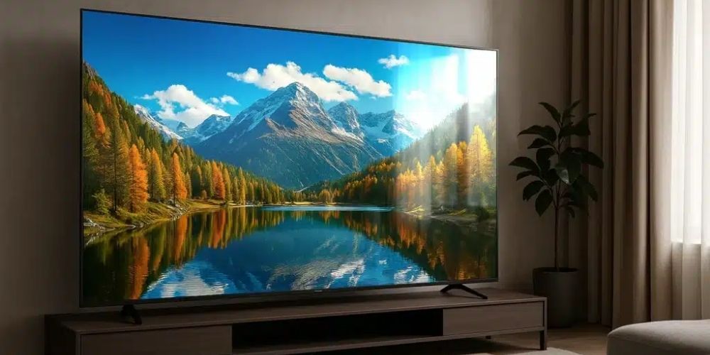 Téléviseur posé sur un meuble dans un salon affichant un paysage de montagne aux couleurs automnales vives