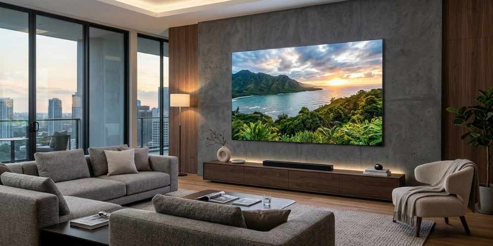 Grand téléviseur mural dans un salon lumineux avec vue sur ville, affichant un coucher de soleil sur mer