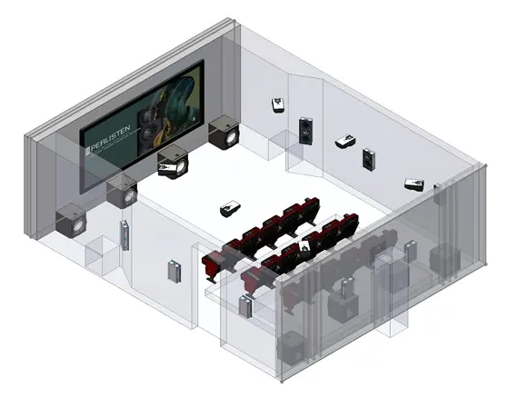 Salle de cinéma privée équipée d'un processeur Trinnov Altitude et de multiples caissons de basses