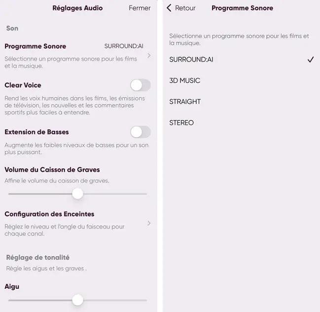 Réglages audio de l'application MusicCast pour la Yamaha True X Surround 90A