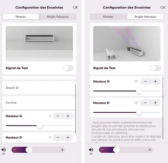 Menu de configuration de l'application MusicCast pour la Yamaha True X Surround 90A