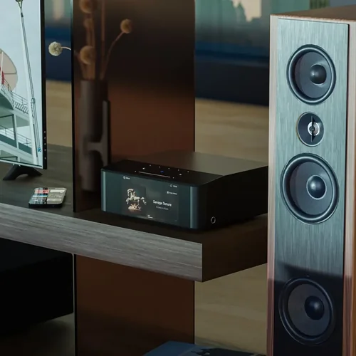 Bluesound NODE ICON connecté près d'une télévision et d'une enceinte colonne au salon
