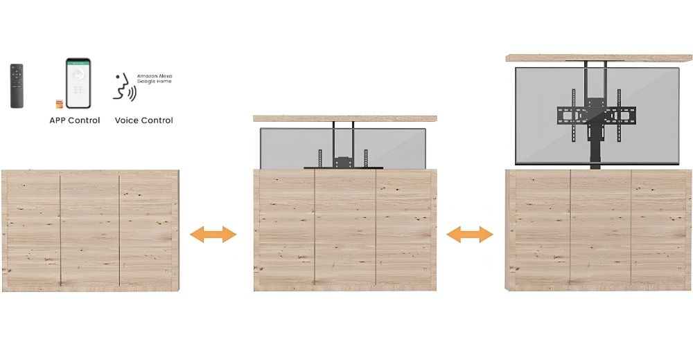 Cavus CTLIFT64L schéma des trois positions escamotables depuis un meuble buffet, avec icônes de contrôle par application Tuya Smart et commande vocale Alexa Google Home
