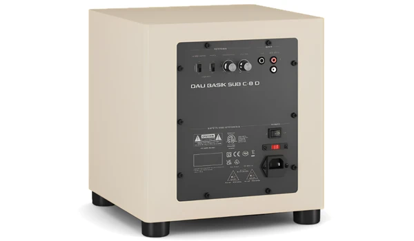 Panneau arrière du Dali BASIK SUB C-8 D Caramel White avec réglages de phase, coupure et volume, entrées RCA ligne et LFE