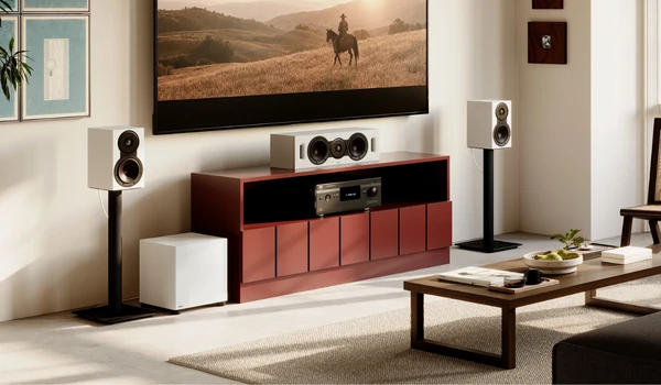Dali BASIK SUB C-8 D Solid White au sol dans un salon home cinéma avec enceintes sur pieds, enceinte centrale et ampli