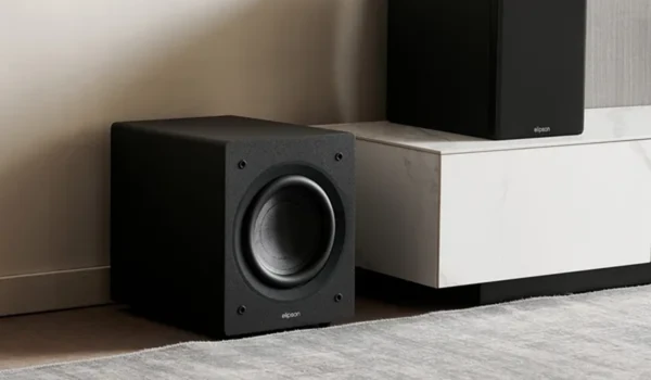 Elipson Classic Sub 10 au sol au pied d’un meuble blanc effet marbre, sous une enceinte bibliothèque noire