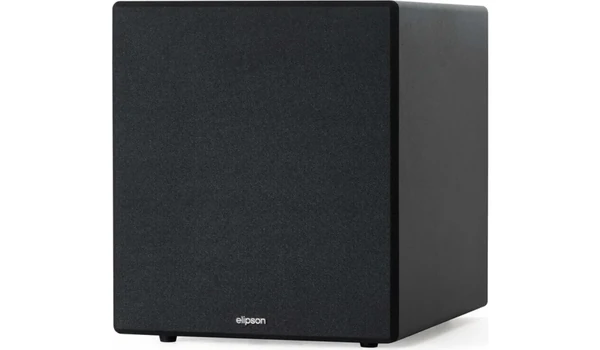 Elipson Classic Sub 12 noir avec grille en tissu, vue trois quarts sur son coffret bass-reflex de grand format