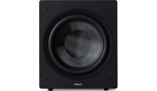 Elipson Classic Sub 12 noir sans grille, vue de face sur le haut-parleur 30 cm à membrane tissée en fibre de verre