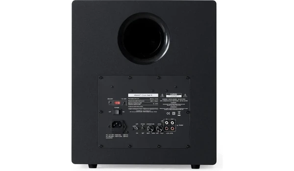 Dos de l’Elipson Classic Sub 12 noir avec évent bass-reflex et panneau de réglages, entrées ligne et LFE, sortie ligne