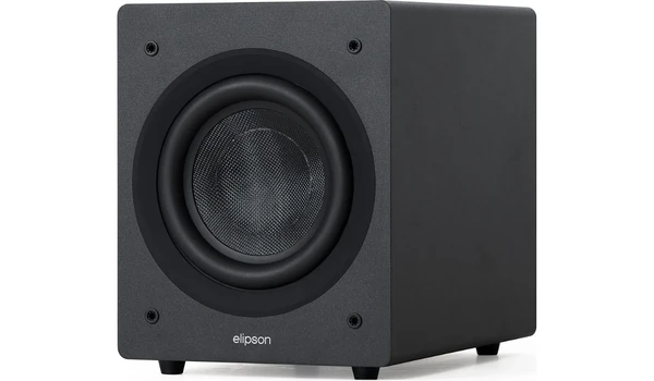 Caisson Elipson Classic Sub 8 noir sans grille, vue trois quarts sur le haut-parleur 20 cm à membrane en fibre de verre
