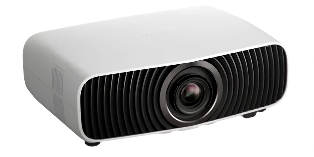 Vidéoprojecteur Epson EH-LS7000 blanc vu de trois quarts, montrant son boîtier compact et sa face avant ventilée.