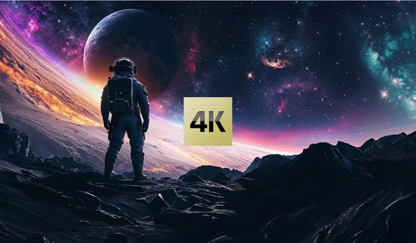 Astronaute face à une planète dans un ciel étoilé, avec un logo 4K, illustrant la définition de l'Epson EH-LS7000.
