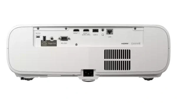 Face arrière de l'Epson EH-LS7500 avec deux HDMI dont un eARC, USB-A, sortie casque, LAN, RS-232C et sortie trigger.