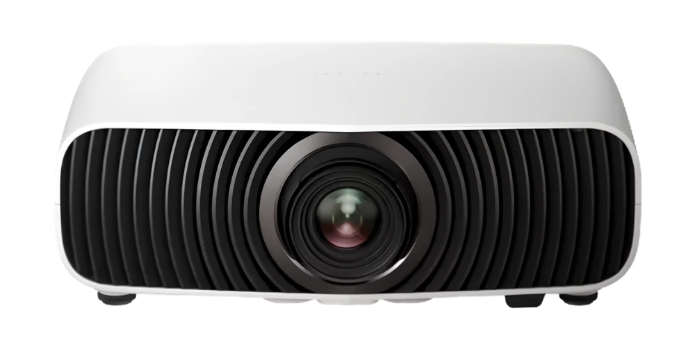 Vidéoprojecteur Epson EH-LS7500 blanc vu de face, avec son objectif courte focale au centre d'une grille noire.
