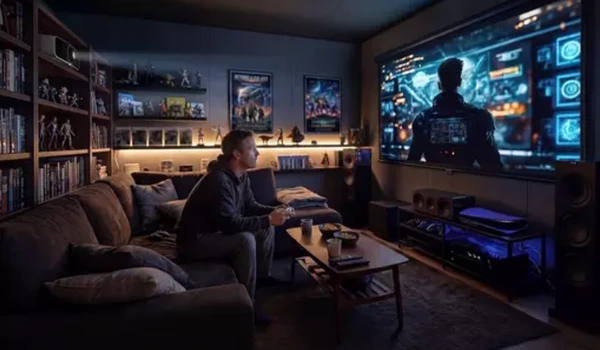 Salon aménagé avec canapé, étagères et grand écran de projection affichant un jeu vidéo, illustrant l'usage de l'EH-LS7500.
