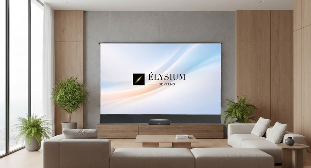 Ecran motorisé de sol Elysium Screens Zenith : projection dans un salon lumineux