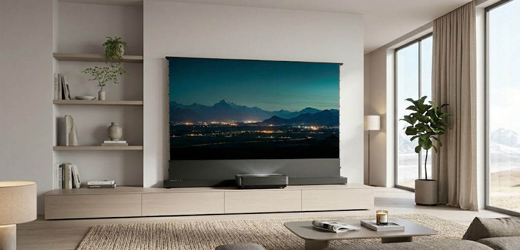 L'écran de projection Elysium Screens Zenith motorisé Pull-Up dans un salon moderne