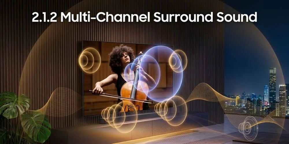 Téléviseur Hisense illustrant le son surround multicanal 2.1.2 avec une violoncelliste à l'écran