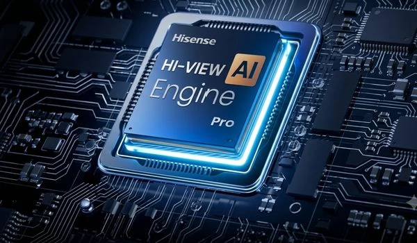 Puce processeur Hisense Hi-View AI Engine Pro visible en gros plan sur circuit imprimé