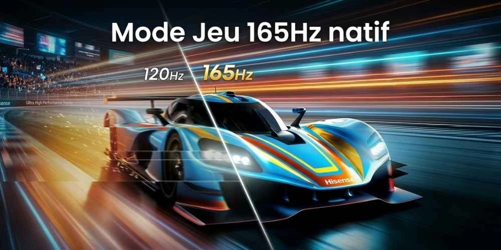 Illustration du Mode Jeu 165Hz natif Hisense avec comparaison entre 120Hz et 165Hz