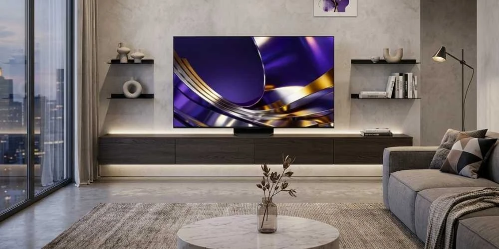 Téléviseur Hisense U7 Pro dans un salon moderne, posé sur un meuble avec barre de son intégrée