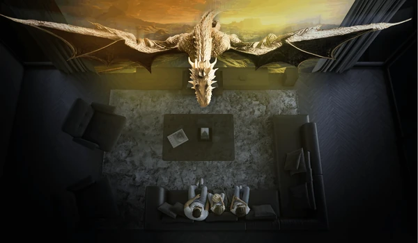 Vue plongeante d’un salon où un dragon semble sortir de l’image projetée par le Hisense PX4 Pro en 3D active