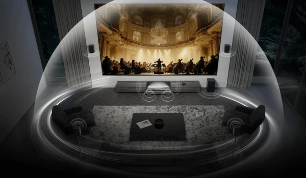Salon équipé du Hisense PX4 Pro et d’enceintes Hisense reliées par Hi-Concerto sous une bulle sonore enveloppante