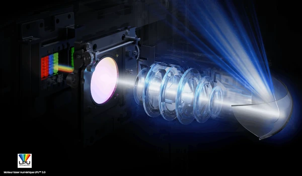 Vue détaillée du moteur laser LPU 3.0 du Hisense PX4 Pro, faisceau RVB traversant les lentilles du bloc optique