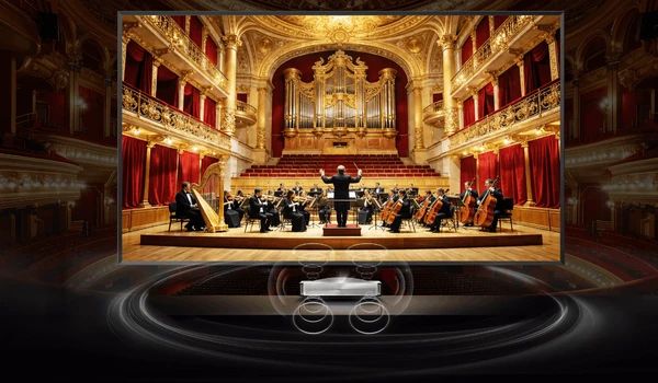 Hisense PX4 Pro projetant un concert d’orchestre, ondes sonores émises par les haut-parleurs du projecteur