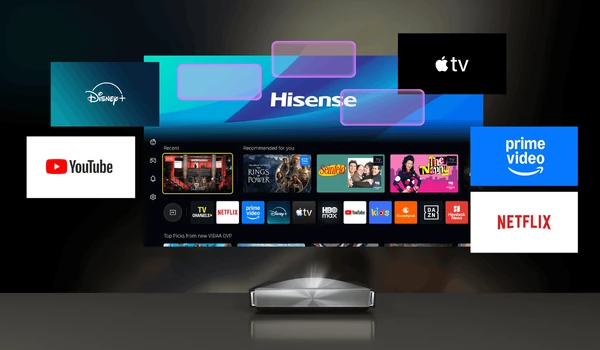 Interface VIDAA du Hisense PX4 Pro entourée des logos Disney+, YouTube, Apple TV, Prime Video et Netflix