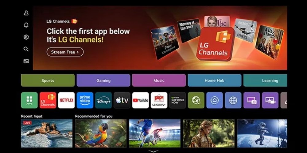 Interface webOS 26 du Lg OLED42C6 avec accès LG Channels, Netflix, Prime Video, Disney Plus, Apple TV, YouTube et GeForce Now depuis l'écran d'accueil