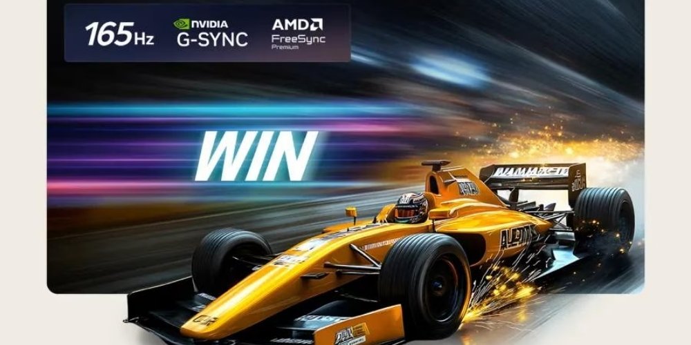 Lg OLED42C6 affichant un jeu de course automobile avec logos 165 Hz, Nvidia G-Sync et AMD FreeSync Premium visibles en haut de l'écran