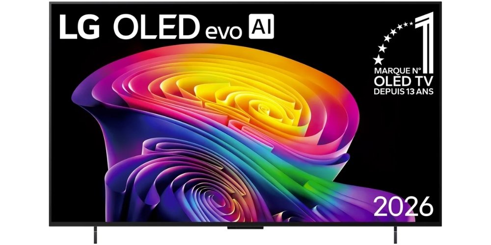 Lg OLED42C6 face avant sur fond noir avec pieds latéraux, mention LG OLED evo AI, logo Marque N°1 OLED TV depuis 13 ans et millésime 2026