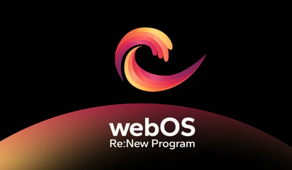 LG OLED83W69LA : logo webOS Re:New Program sur fond noir, mise à jour logicielle du téléviseur