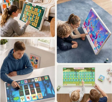 Enfants jouant sur l’écran tactile du LG StanbyME 2 MAX posé à plat sur une table et incliné au sol, jeux éducatifs
