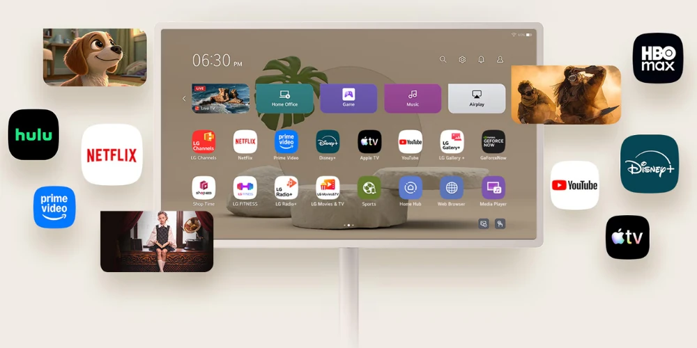 Interface webOS du LG StanbyME 2 MAX avec accès à Netflix, Prime Video, Disney+, YouTube, Apple TV et AirPlay