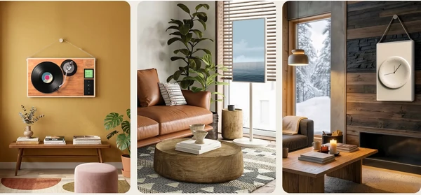 Trois mises en scène du LG StanbyME 2 MAX : écran platine vinyle, paysage marin sur pied et horloge suspendue au mur