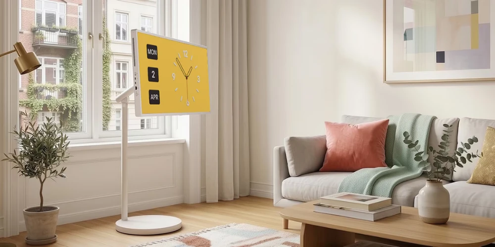 LG StanbyME 2 MAX sur pied blanc dans un salon lumineux, écran 32 pouces affichant une horloge sur fond jaune