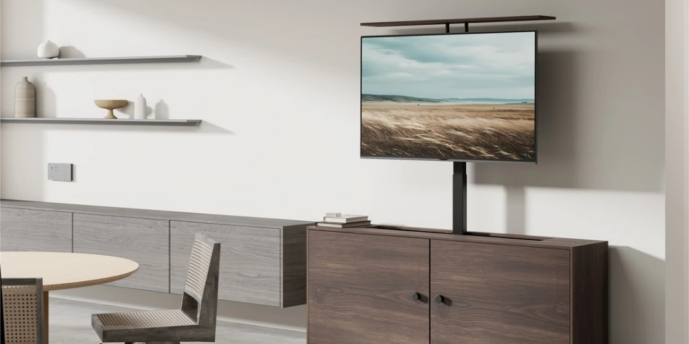Salle à manger avec table ronde, Multibrackets M Motorized TV Lift Turn X-Large levé hors d'un buffet en bois