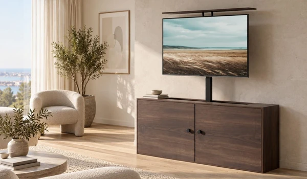Multibrackets M Motorized TV Lift Turn X-Large dans un buffet en bois foncé à deux portes, écran levé au salon