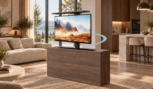 Multibrackets M Motorized TV Lift Turn X-Large dans un meuble en bois au salon, écran sorti et flèche de rotation