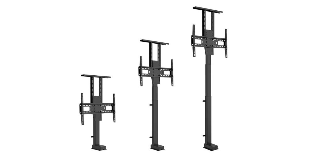 Multibrackets KC-MB-SML4066 vue comparative des trois positions de hauteur du support motorisé noir, de la position basse à la position haute maximale de 2 170 mm