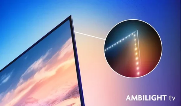 Vue détaillée des LED Ambilight à l’arrière du cadre du Philips 55OLED851, loupe sur l’angle supérieur de l’écran